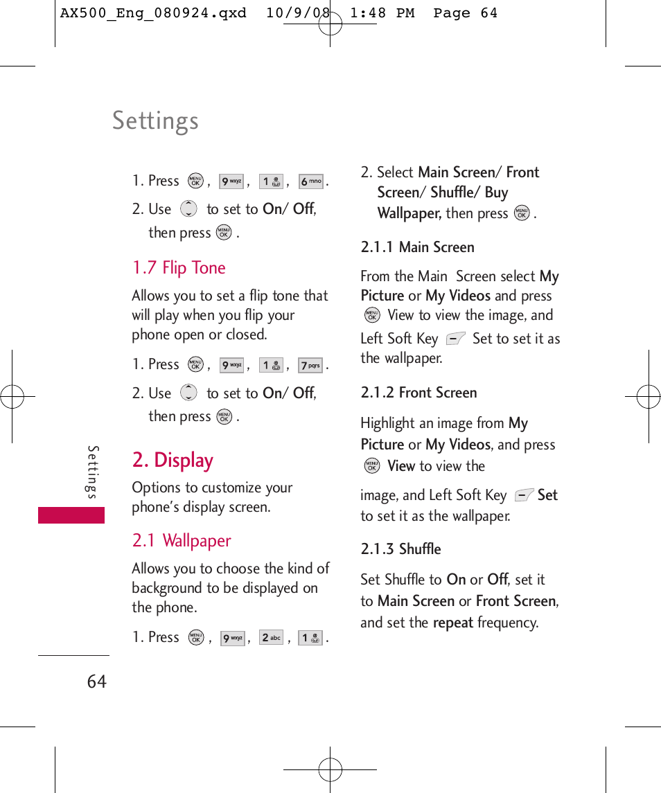 Settings, Display, 7 flip tone | 1 wallpaper | LG LGAX500 User Manual | Page 64 / 115