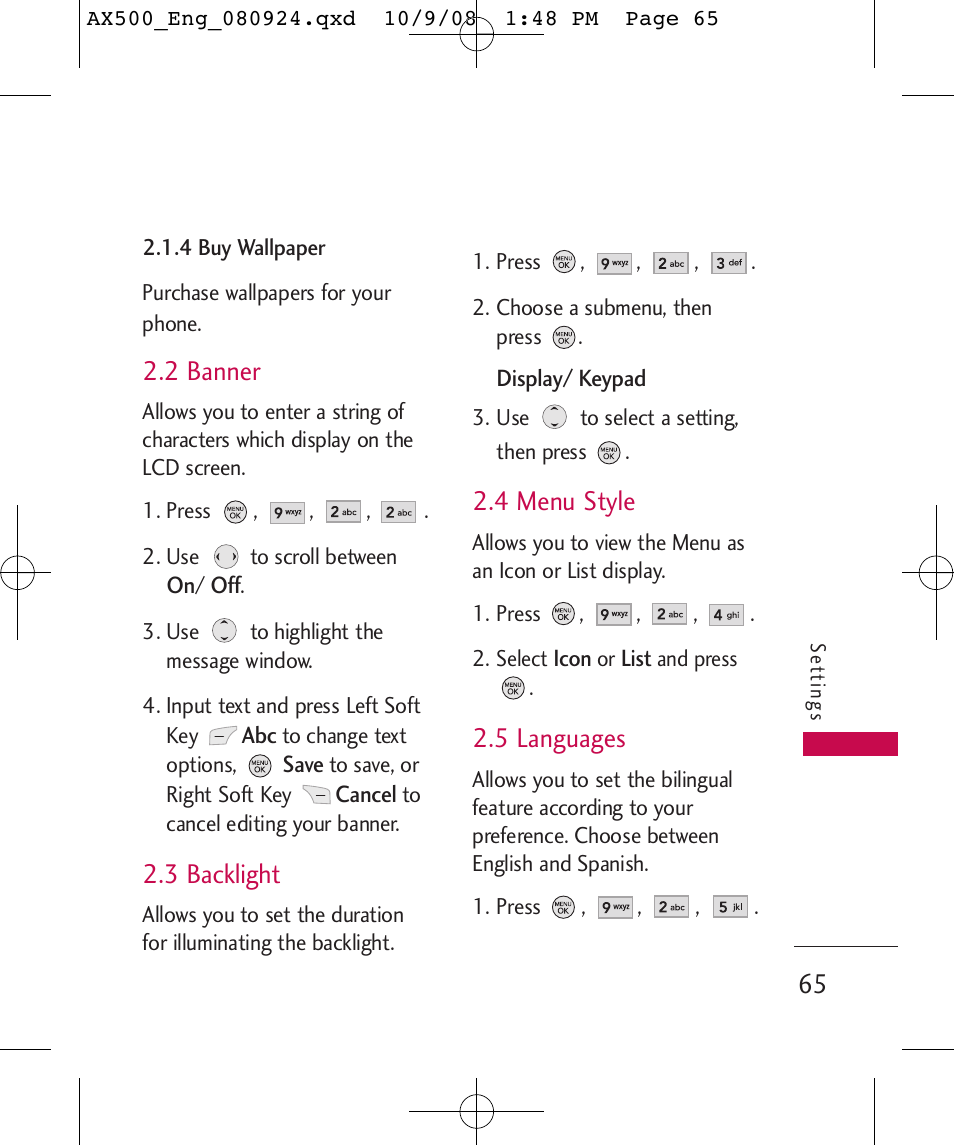 2 banner, 3 backlight, 4 menu style | 5 languages | LG LGAX500 User Manual | Page 65 / 115