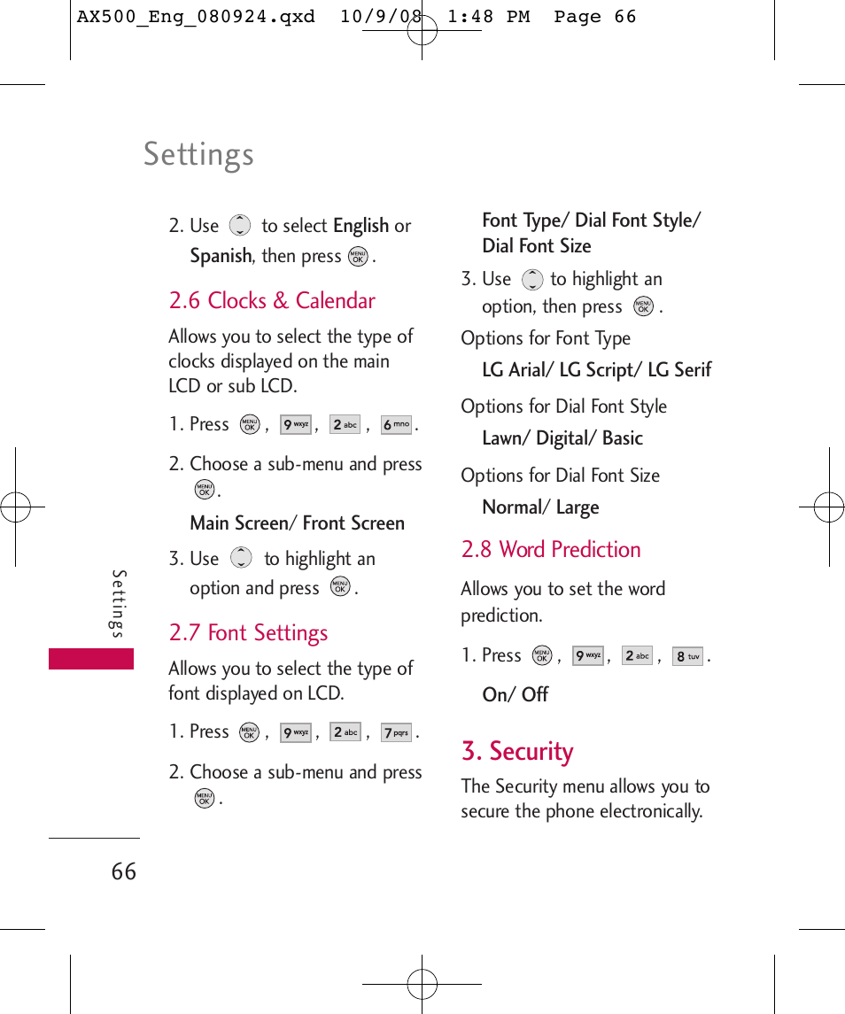 Settings, Security, 6 clocks & calendar | 7 font settings, 8 word prediction | LG LGAX500 User Manual | Page 66 / 115