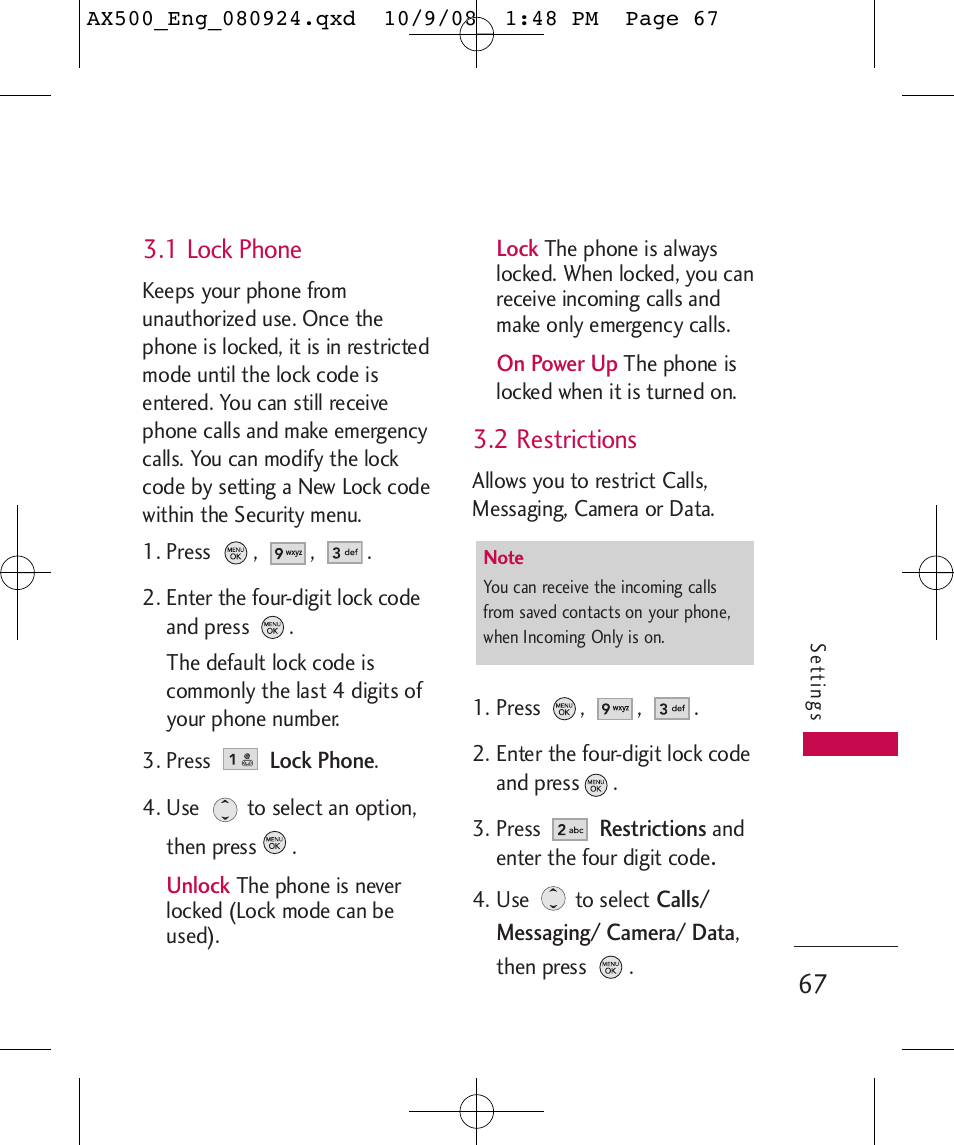 1 lock phone, 2 restrictions | LG LGAX500 User Manual | Page 67 / 115