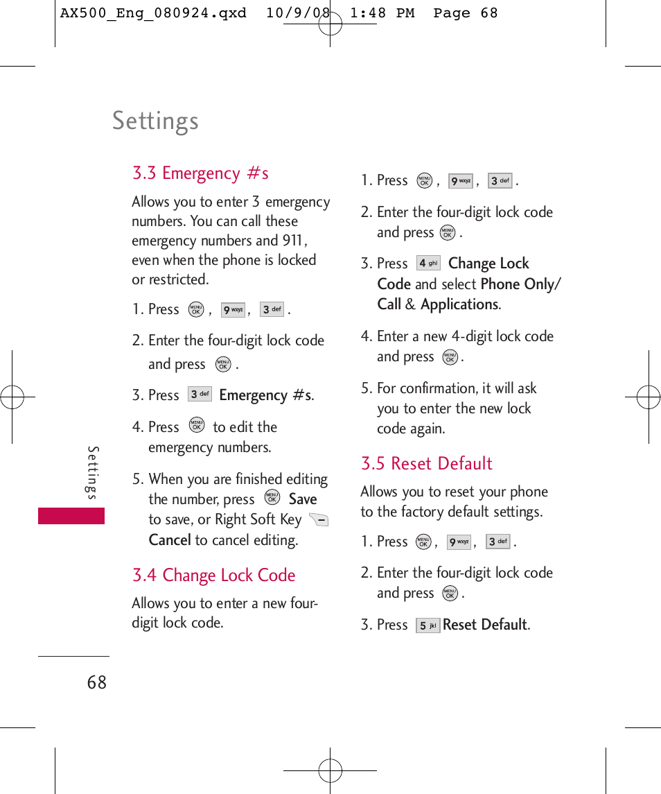 Settings, 3 emergency #s, 4 change lock code | 5 reset default | LG LGAX500 User Manual | Page 68 / 115