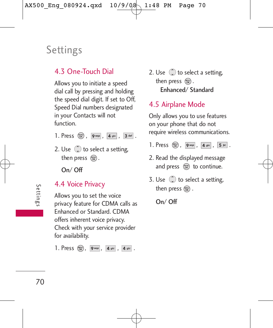 Settings, 3 one-touch dial, 4 voice privacy | 5 airplane mode | LG LGAX500 User Manual | Page 70 / 115