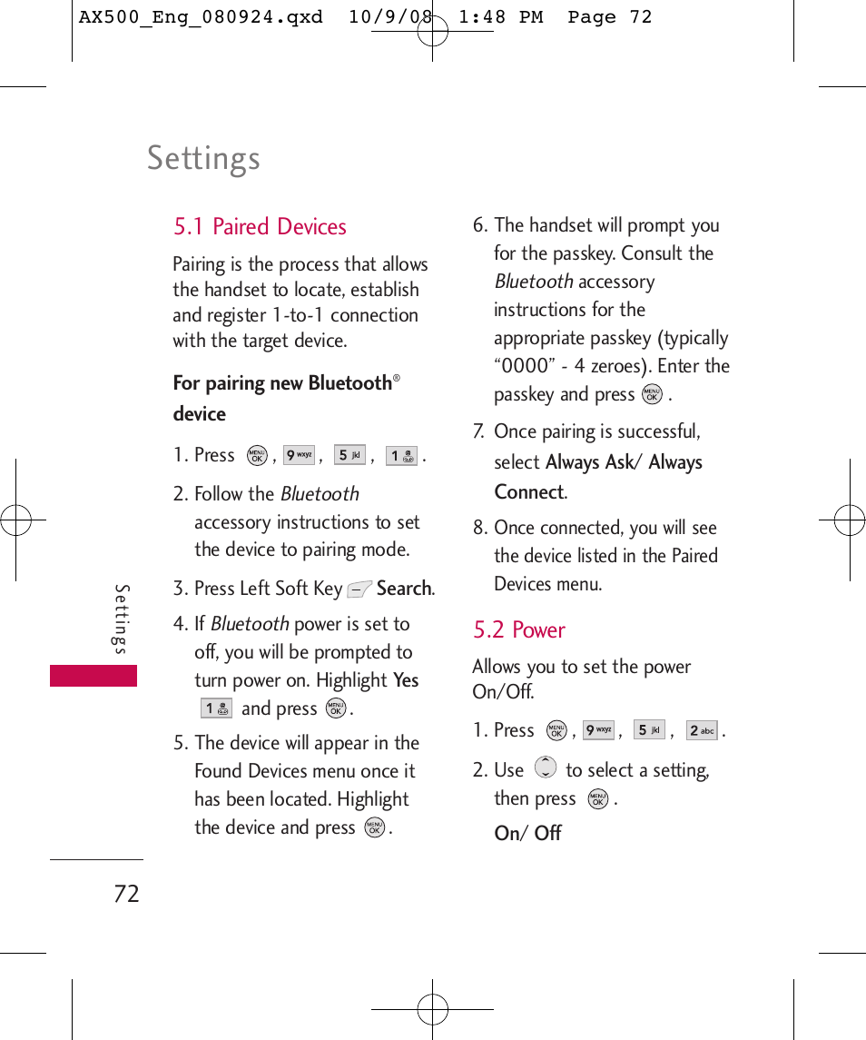 Settings, 1 paired devices, 2 power | LG LGAX500 User Manual | Page 72 / 115