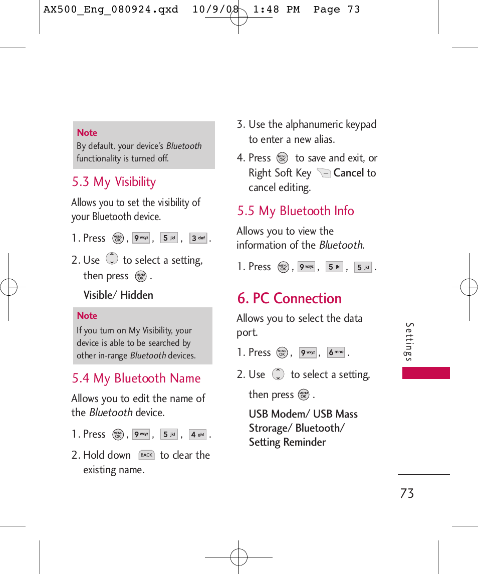 Pc connection, 3 my visibility, 4 my bluetooth name | 5 my bluetooth info | LG LGAX500 User Manual | Page 73 / 115