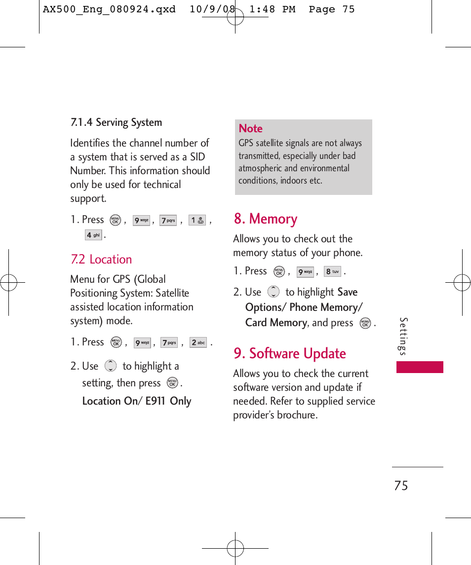 Software update, 2 location | LG LGAX500 User Manual | Page 75 / 115