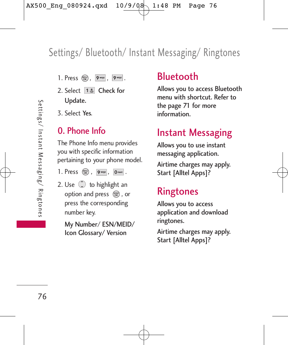 Settings/ bluetooth/ instant messaging/ ringtones, Bluetooth, Instant messaging | Ringtones, Phone info | LG LGAX500 User Manual | Page 76 / 115