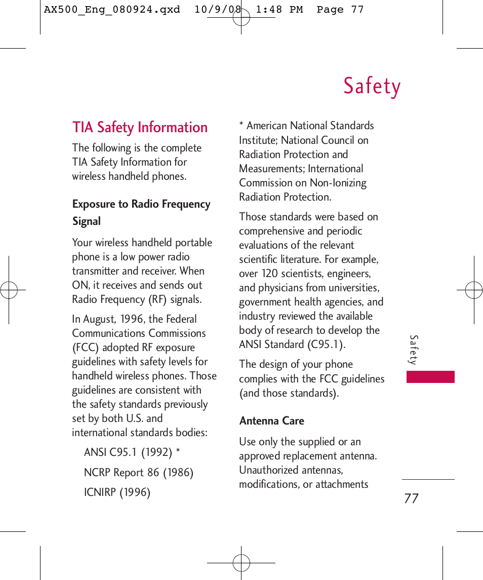 Safety, Tia safety information | LG LGAX500 User Manual | Page 77 / 115