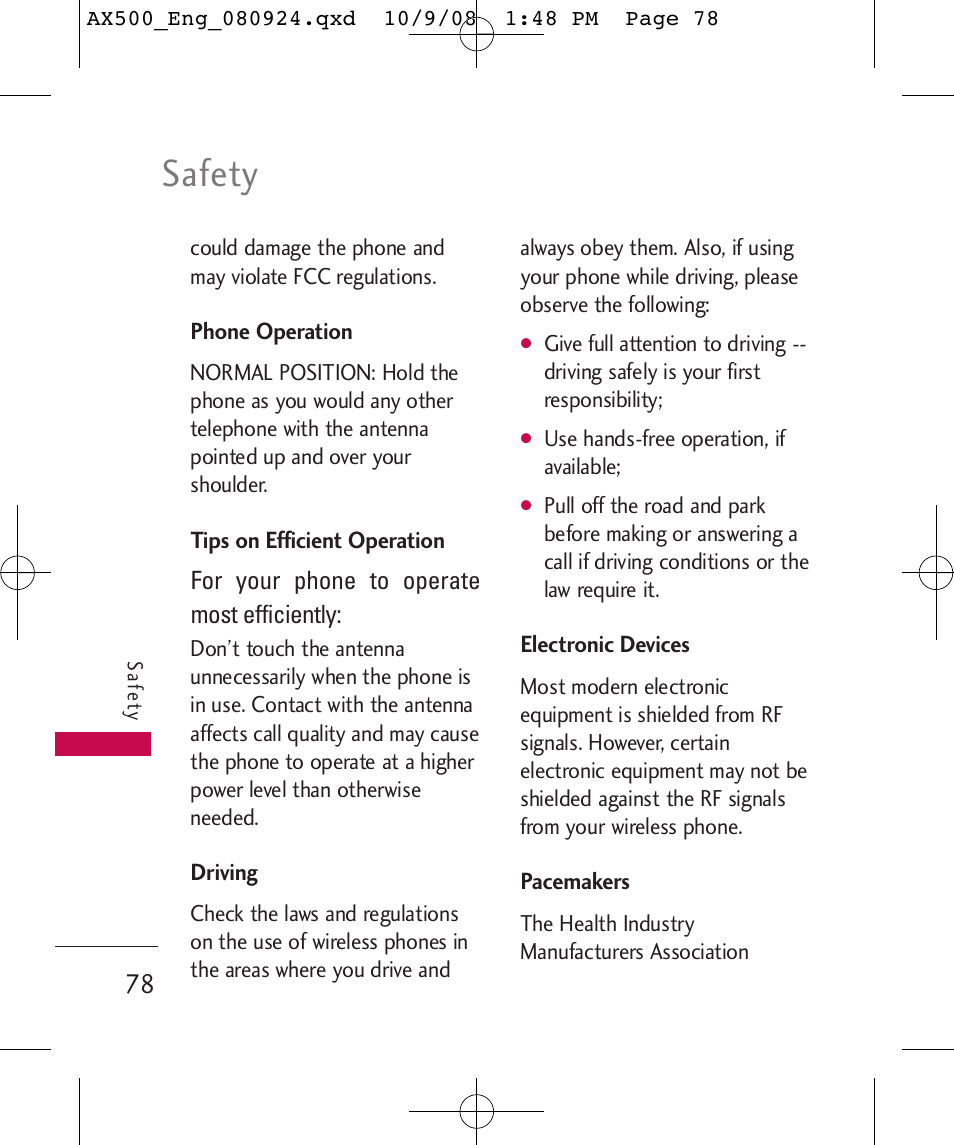 Safety | LG LGAX500 User Manual | Page 78 / 115