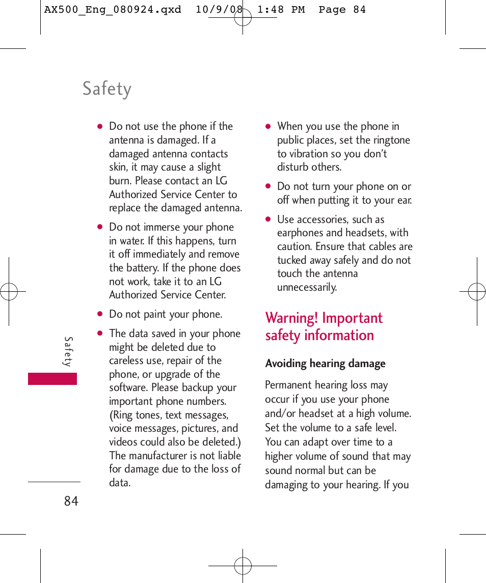 Safety, Warning! important safety information | LG LGAX500 User Manual | Page 84 / 115