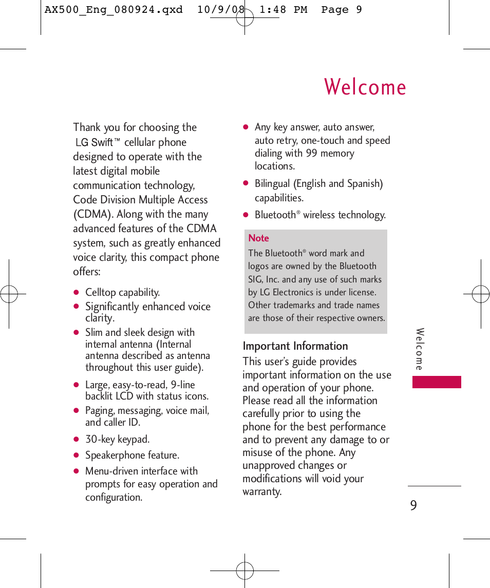 Welcome, Important information | LG LGAX500 User Manual | Page 9 / 115