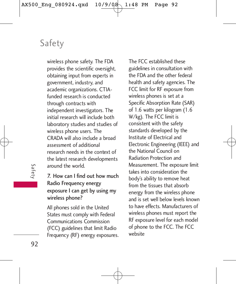 Safety | LG LGAX500 User Manual | Page 92 / 115