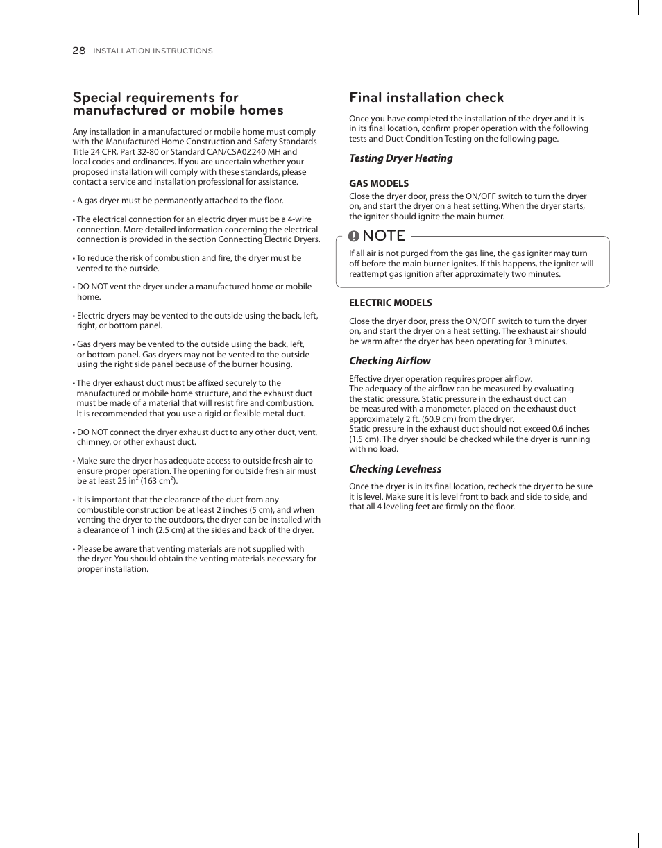 Final installation check | LG DLGX3651V User Manual | Page 28 / 96