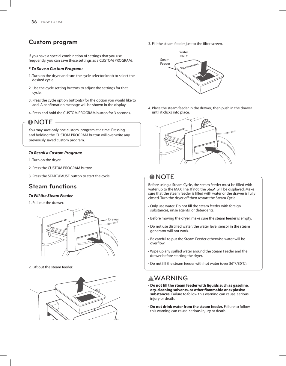 Warning, Custom program, Steam functions | LG DLGX3651V User Manual | Page 36 / 96
