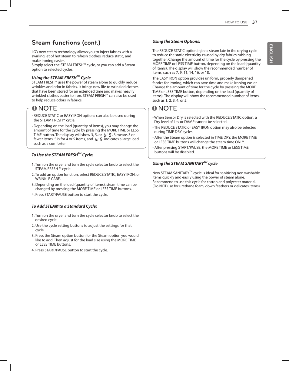 Steam functions (cont.) | LG DLGX3651V User Manual | Page 37 / 96