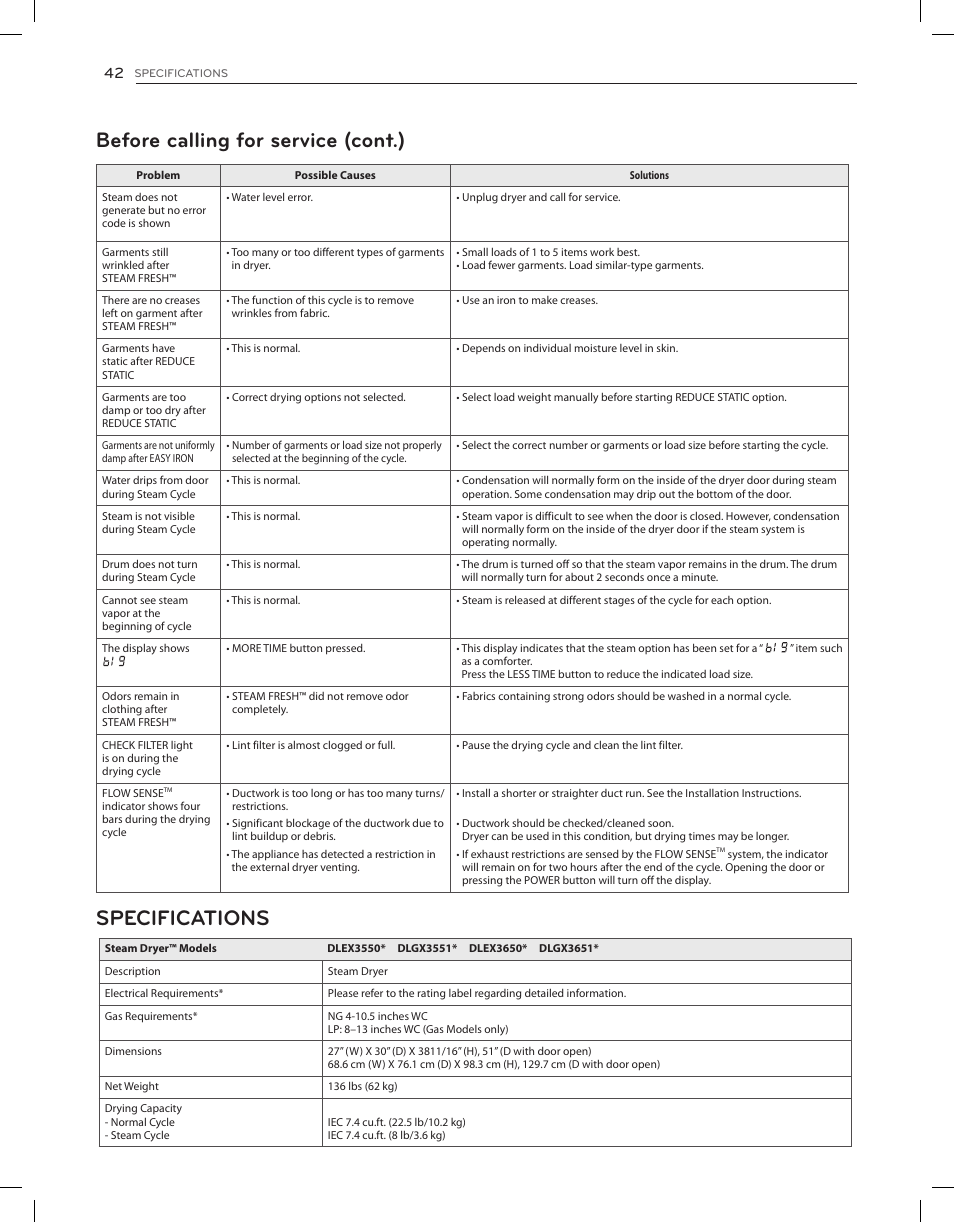 Before calling for service (cont.) specifications | LG DLGX3651V User Manual | Page 42 / 96