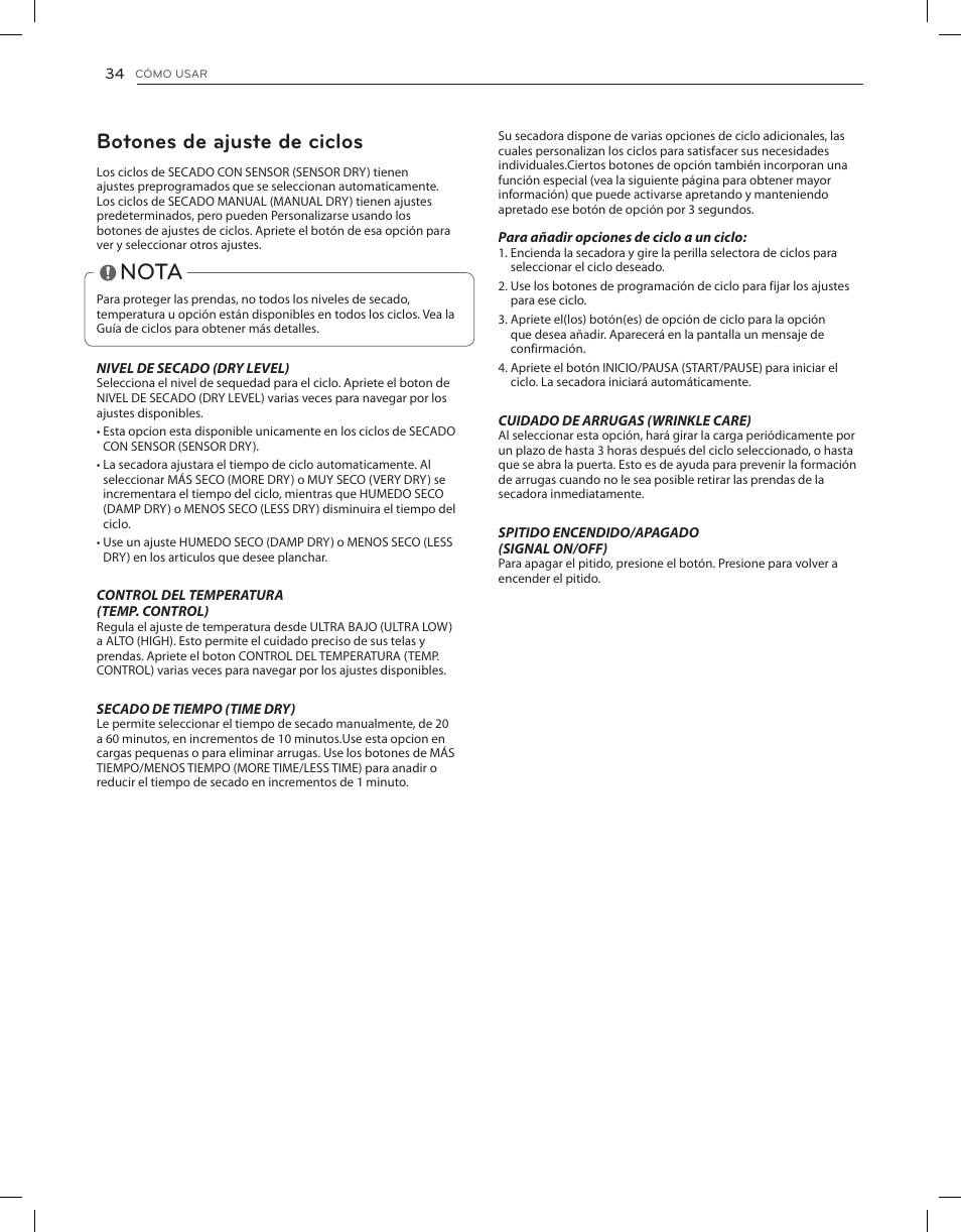 Nota, Botones de ajuste de ciclos | LG DLGX3651V User Manual | Page 80 / 96
