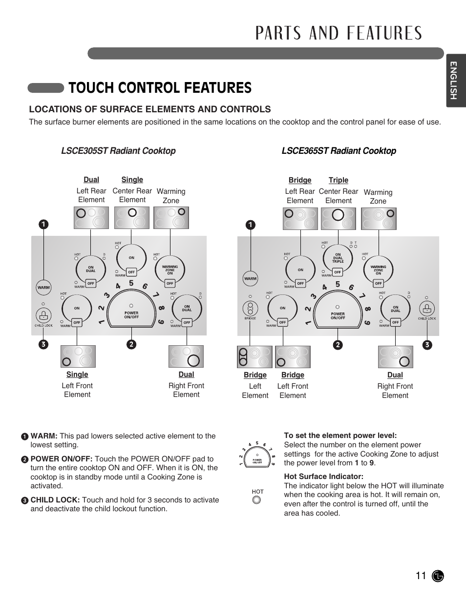 Touch control features | LG LSCE305ST User Manual | Page 11 / 64