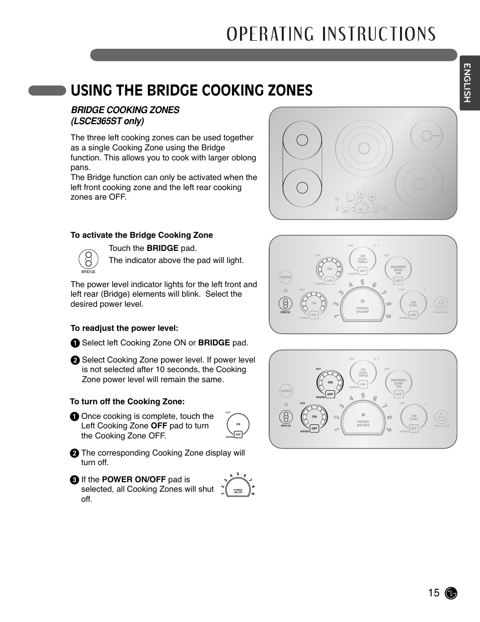 Using the bridge cooking zones | LG LSCE305ST User Manual | Page 15 / 64