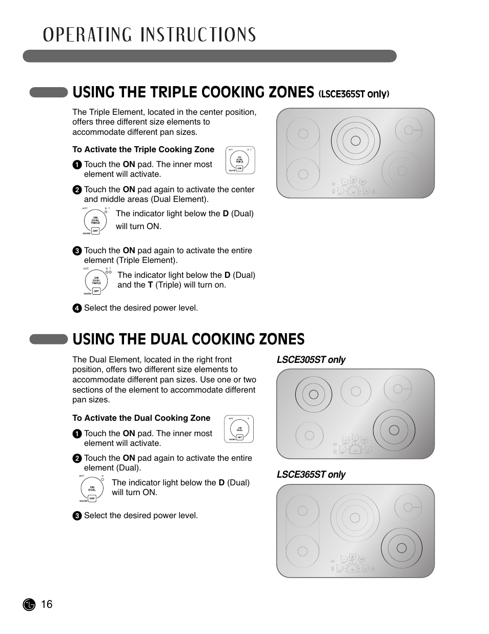 Using the triple cooking zones, Using the dual cooking zones | LG LSCE305ST User Manual | Page 16 / 64