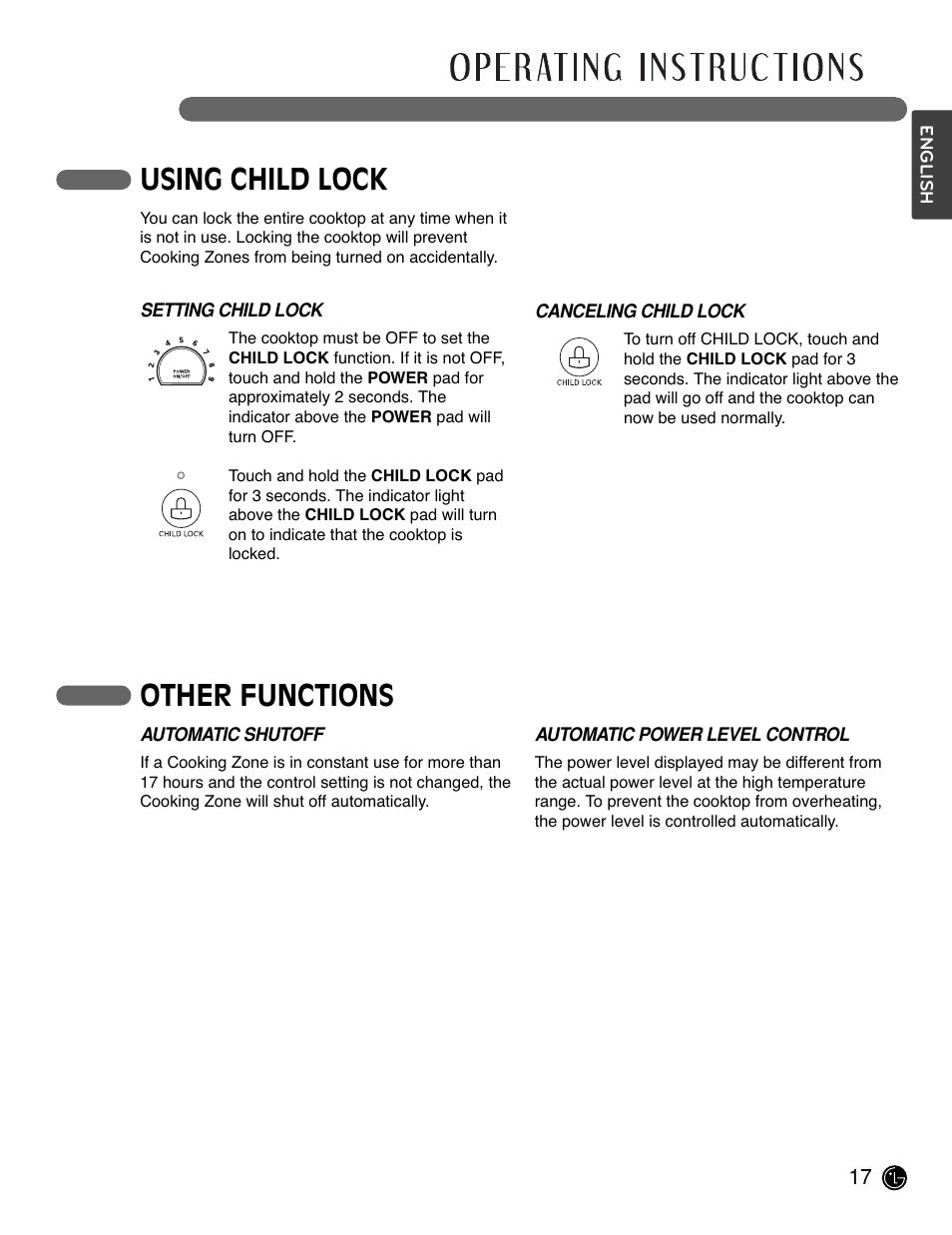 Using child lock, Other functions | LG LSCE305ST User Manual | Page 17 / 64