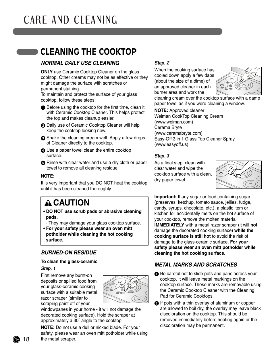 Cleaning the cooktop, Caution | LG LSCE305ST User Manual | Page 18 / 64