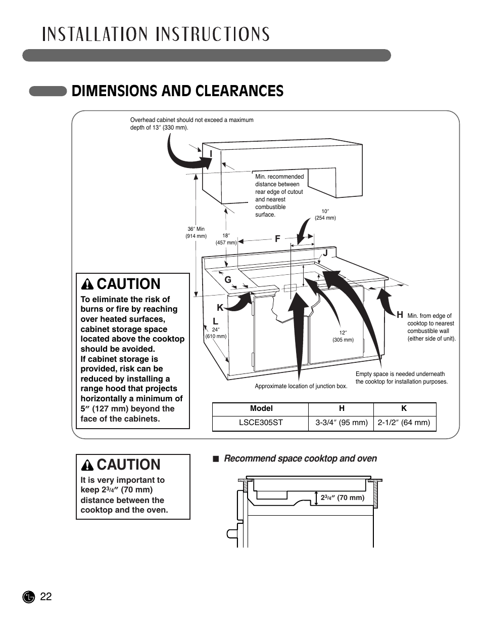 Dimensions and clearances, Caution, Recommend space cooktop and oven | LG LSCE305ST User Manual | Page 22 / 64