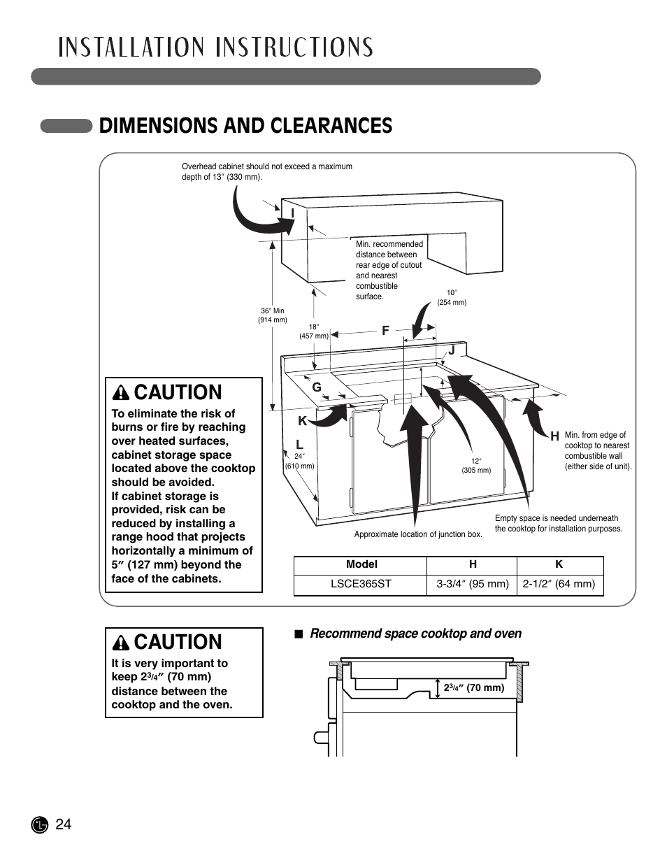 Dimensions and clearances, Caution, Recommend space cooktop and oven | LG LSCE305ST User Manual | Page 24 / 64