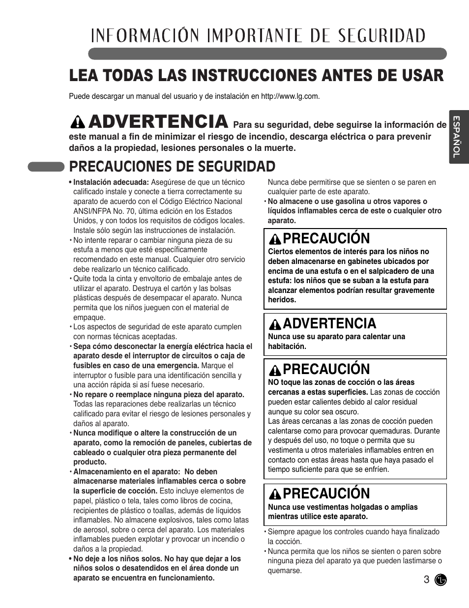 Advertencia, Lea todas las instrucciones antes de usar, Precauciones de seguridad | Precaución | LG LSCE305ST User Manual | Page 35 / 64