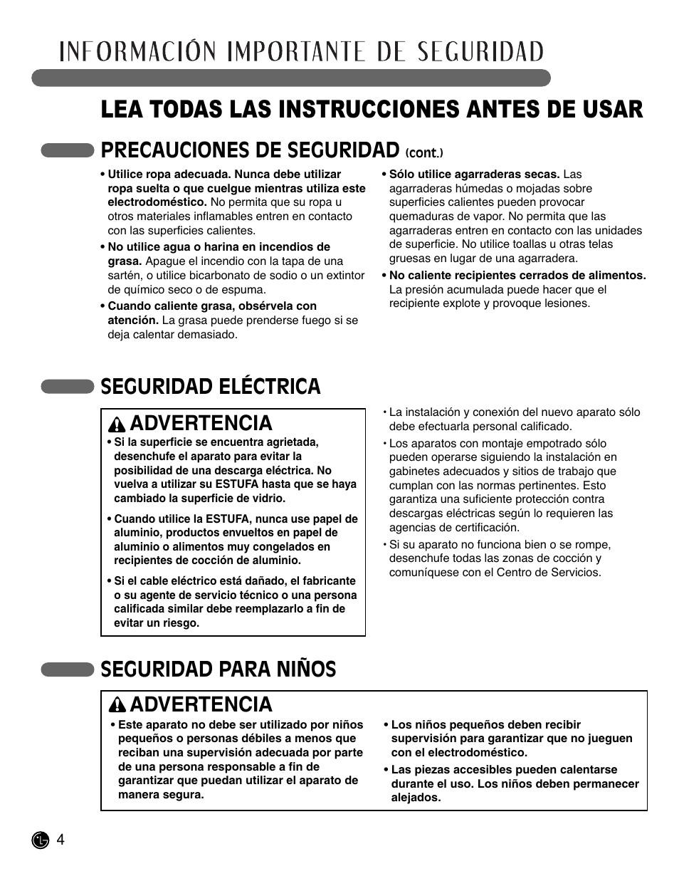 Lea todas las instrucciones antes de usar, Precauciones de seguridad, Seguridad eléctrica | Seguridad para niños, Advertencia | LG LSCE305ST User Manual | Page 36 / 64