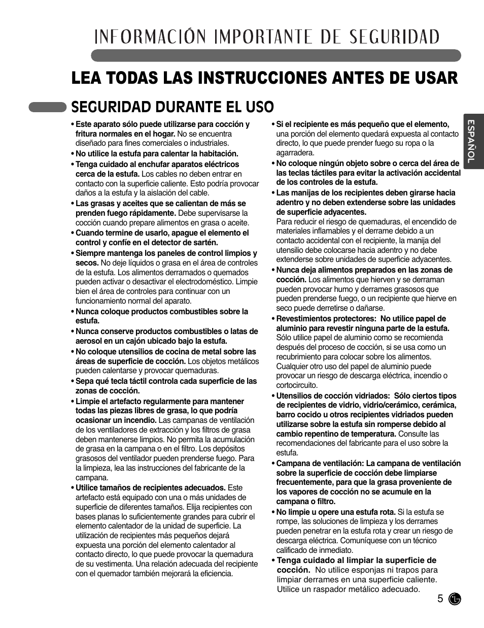 Lea todas las instrucciones antes de usar, Seguridad durante el uso | LG LSCE305ST User Manual | Page 37 / 64