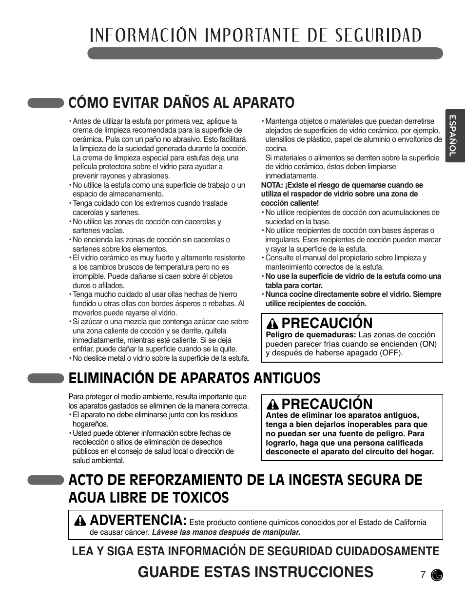 Guarde estas instrucciones, Cómo evitar daños al aparato, Eliminación de aparatos antiguos | Precaución | LG LSCE305ST User Manual | Page 39 / 64