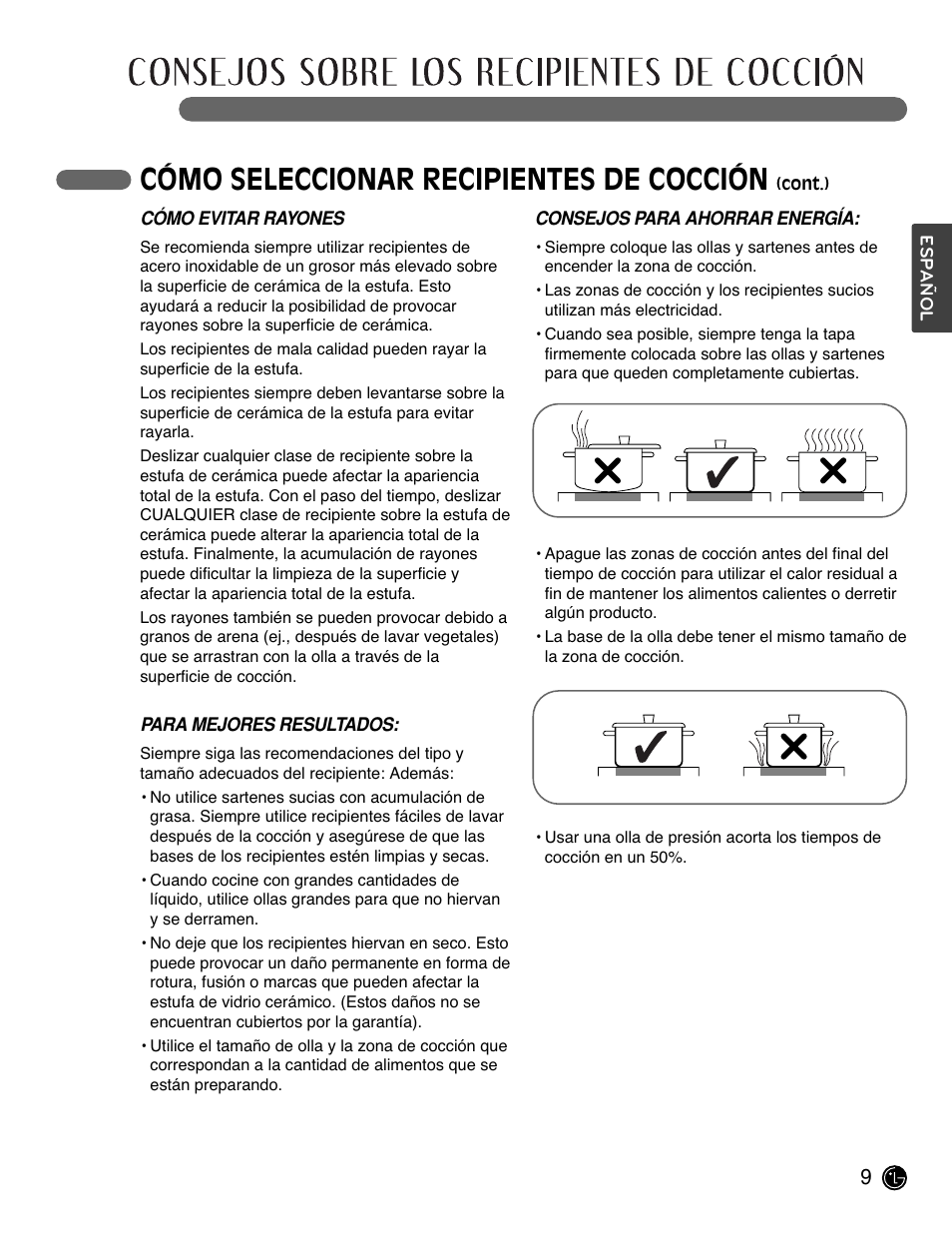 Cómo seleccionar recipientes de cocción | LG LSCE305ST User Manual | Page 41 / 64