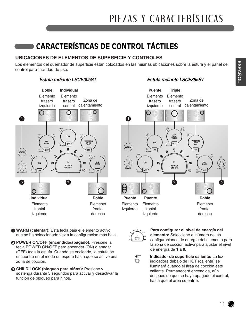 Características de control táctiles | LG LSCE305ST User Manual | Page 43 / 64