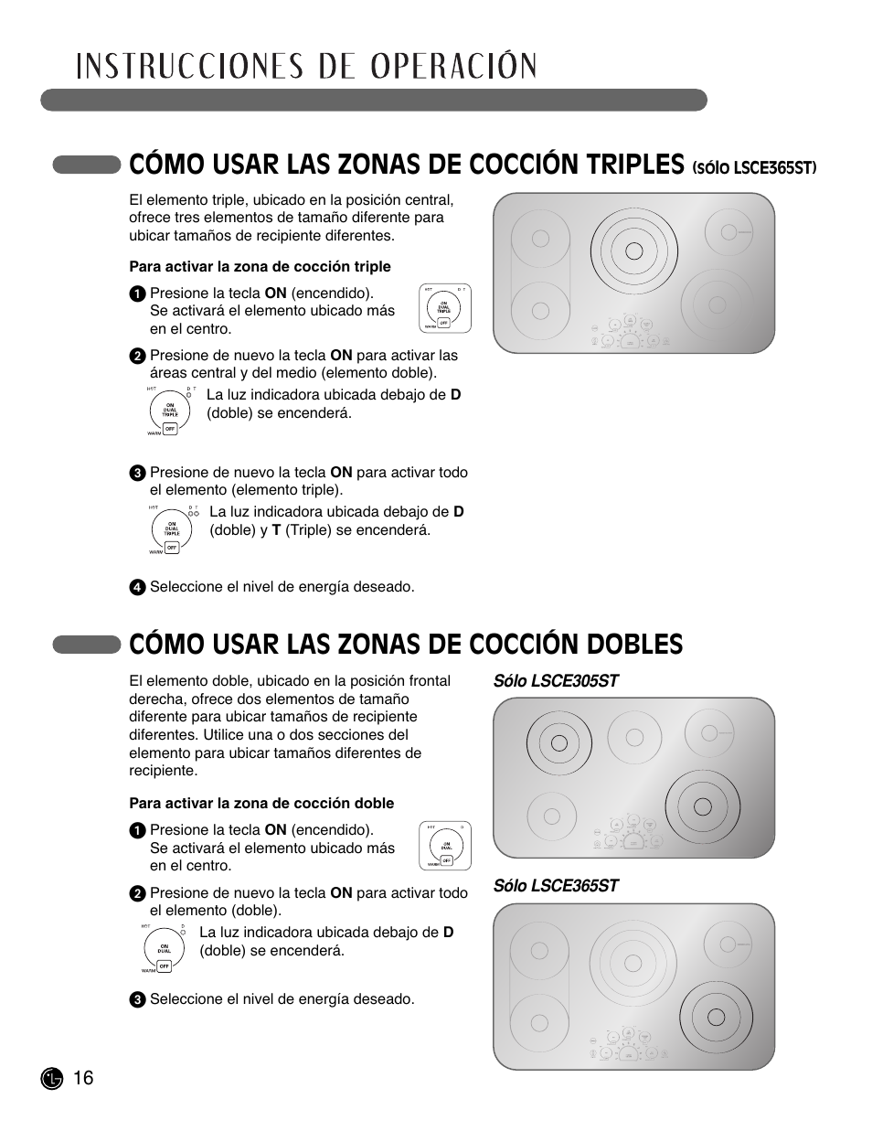 Cómo usar las zonas de cocción triples, Cómo usar las zonas de cocción dobles | LG LSCE305ST User Manual | Page 48 / 64