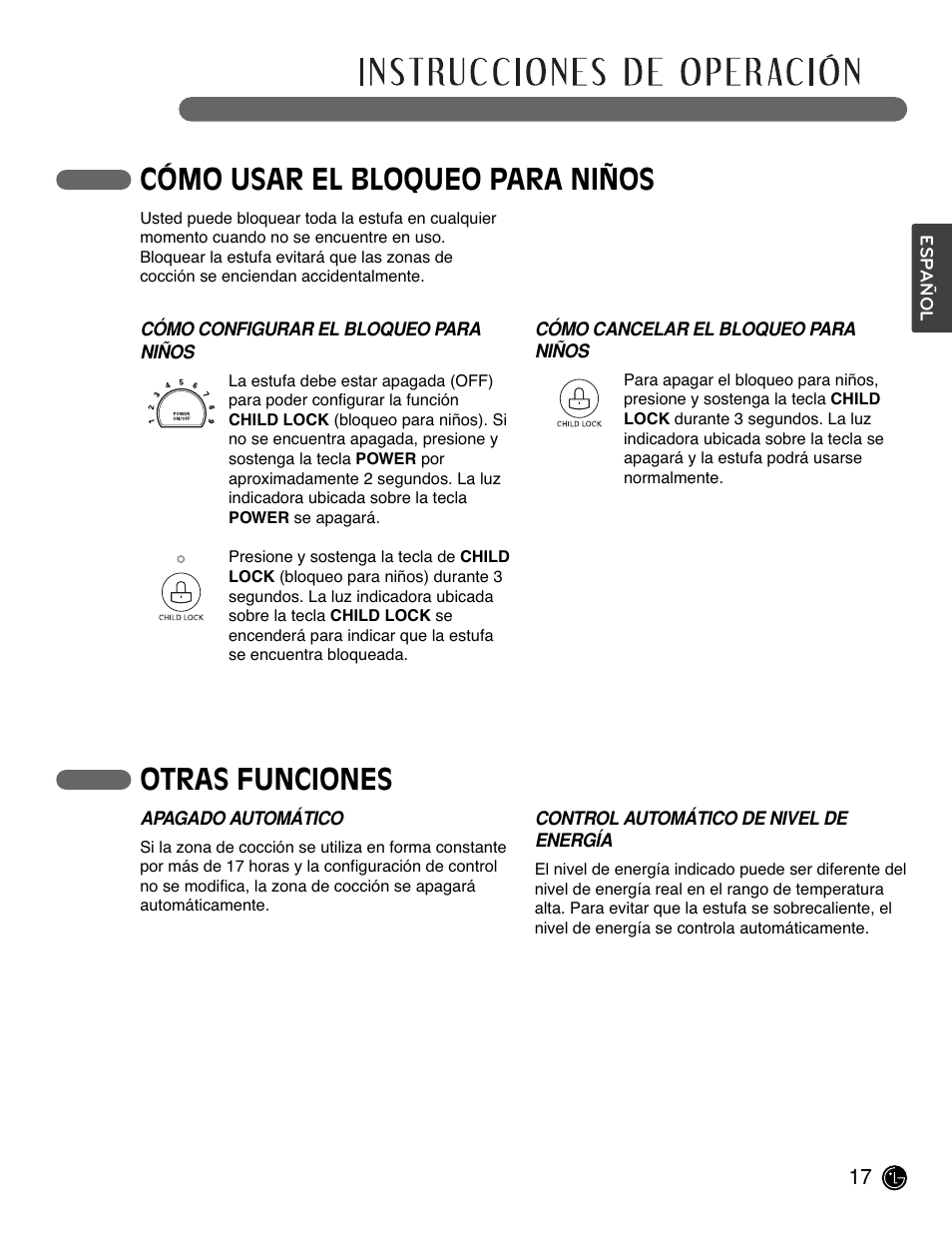 Cómo usar el bloqueo para niños, Otras funciones | LG LSCE305ST User Manual | Page 49 / 64