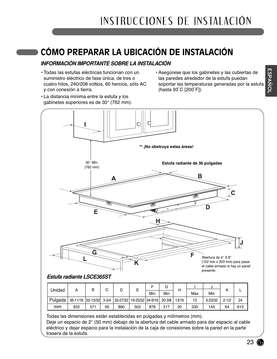 Cómo preparar la ubicación de instalación | LG LSCE305ST User Manual | Page 55 / 64