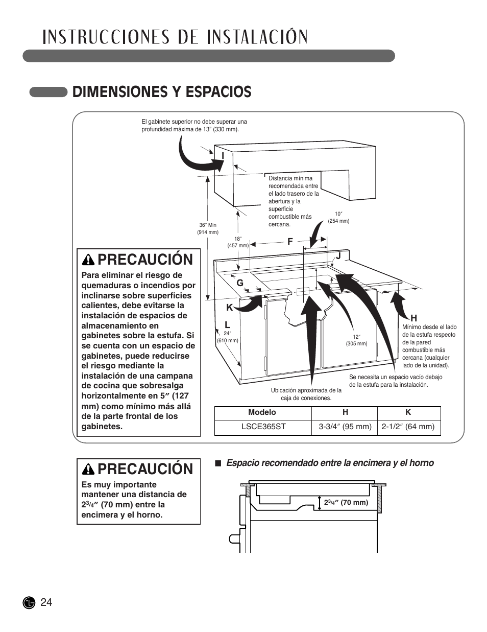 Dimensiones y espacios, Precaución, Espacio recomendado entre la encimera y el horno | LG LSCE305ST User Manual | Page 56 / 64