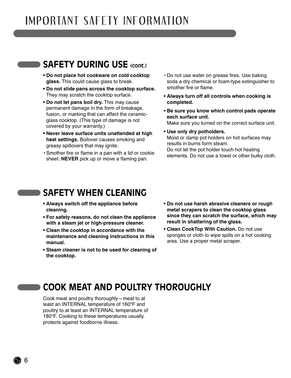 Safety during use, Safety when cleaning, Cook meat and poultry thoroughly | LG LSCE305ST User Manual | Page 6 / 64
