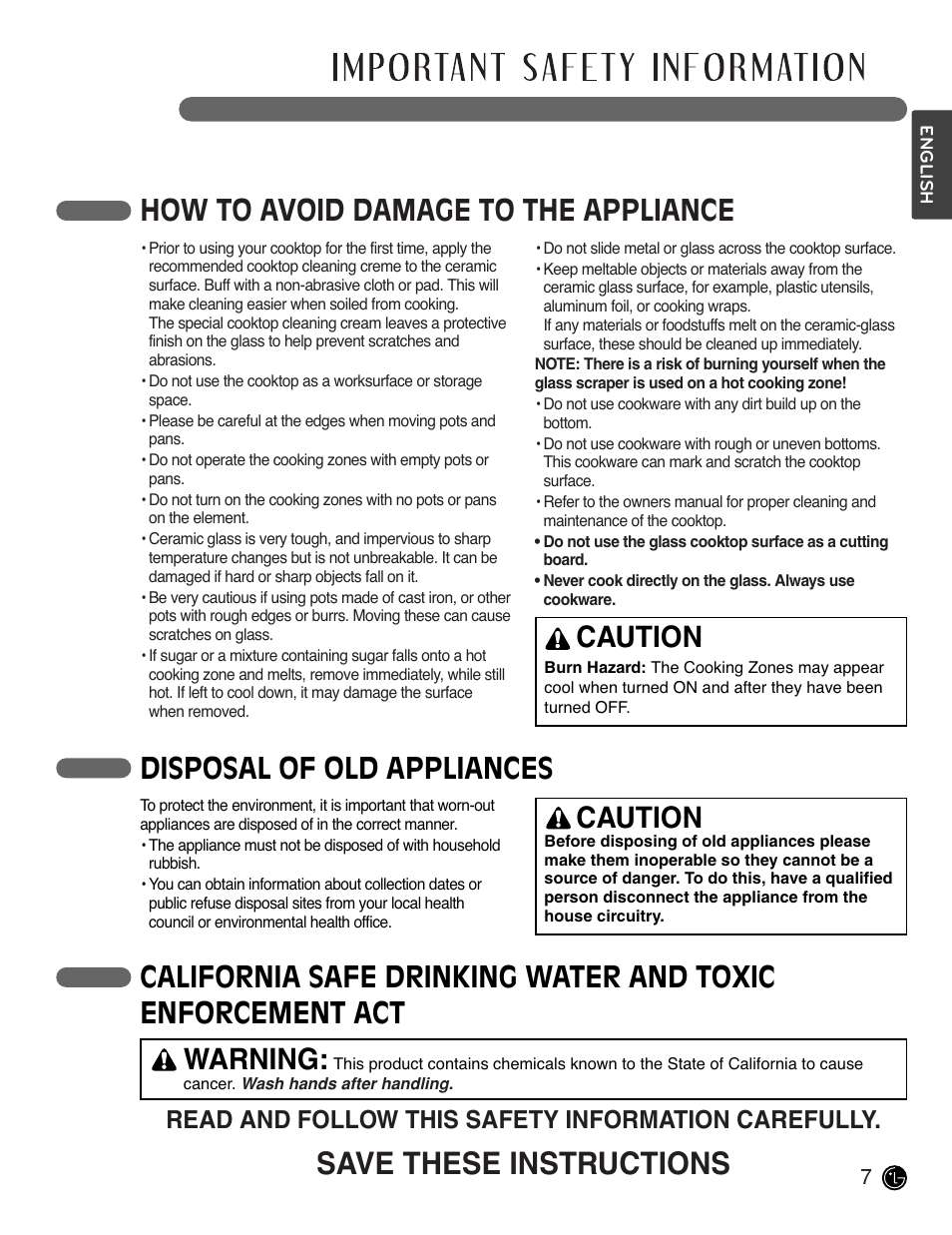 Save these instructions, How to avoid damage to the appliance, Disposal of old appliances | Caution, Read and follow this safety information carefully | LG LSCE305ST User Manual | Page 7 / 64