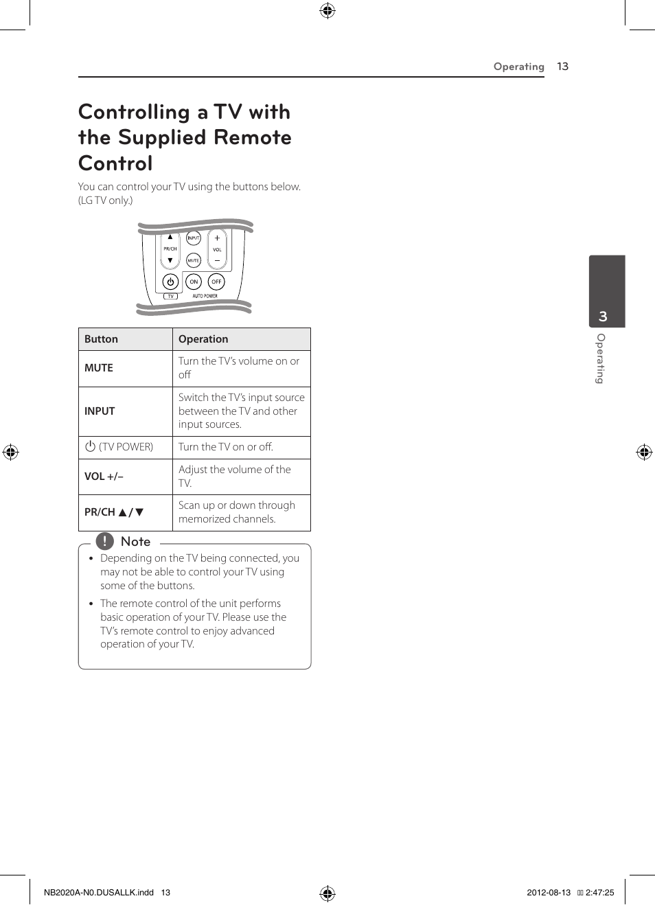 Controlling a tv with the supplied remote control | LG NB2020A User Manual | Page 13 / 18