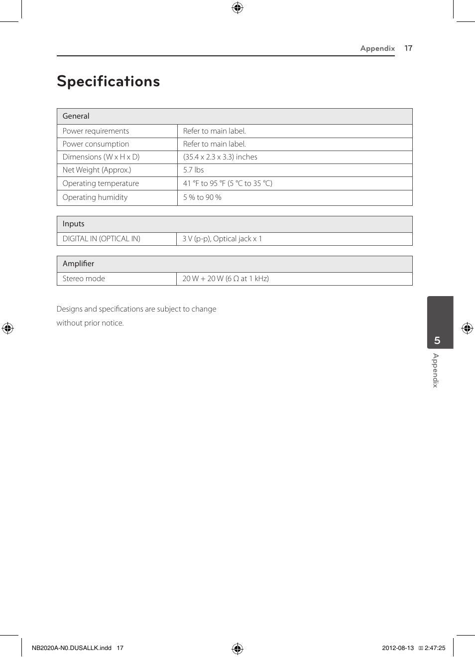 Specifications | LG NB2020A User Manual | Page 17 / 18