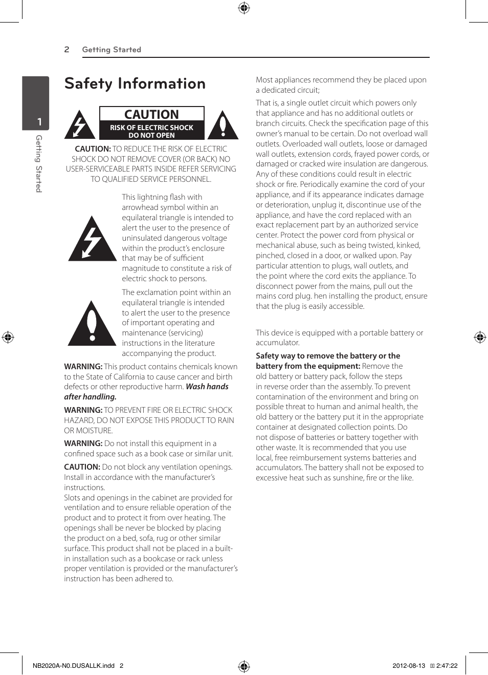 Safety information, Caution | LG NB2020A User Manual | Page 2 / 18