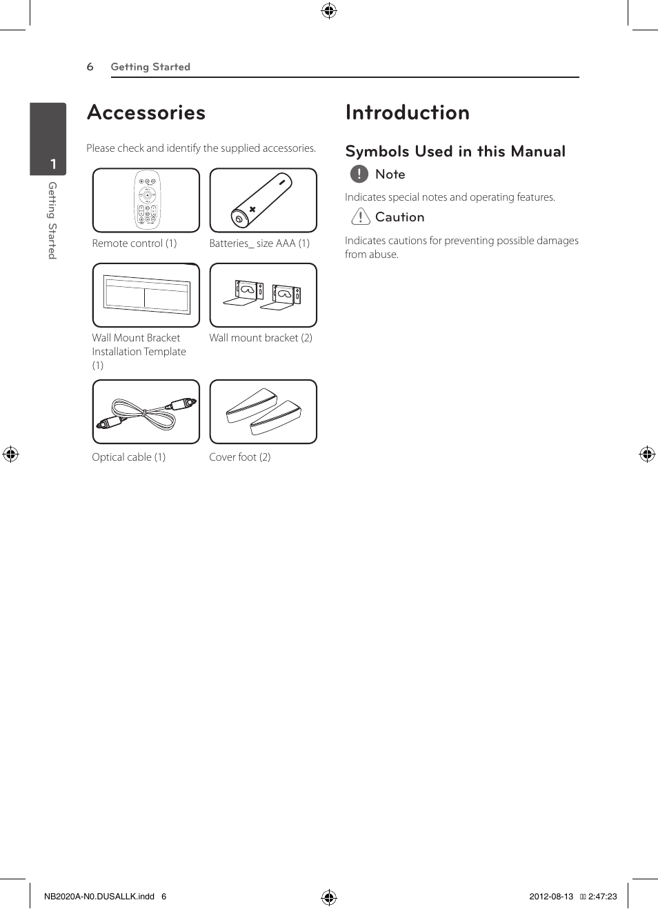 Accessories, Introduction, Symbols used in this manual | LG NB2020A User Manual | Page 6 / 18