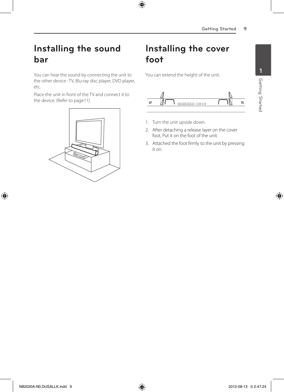 Installing the sound bar, Installing the cover foot | LG NB2020A User Manual | Page 9 / 18