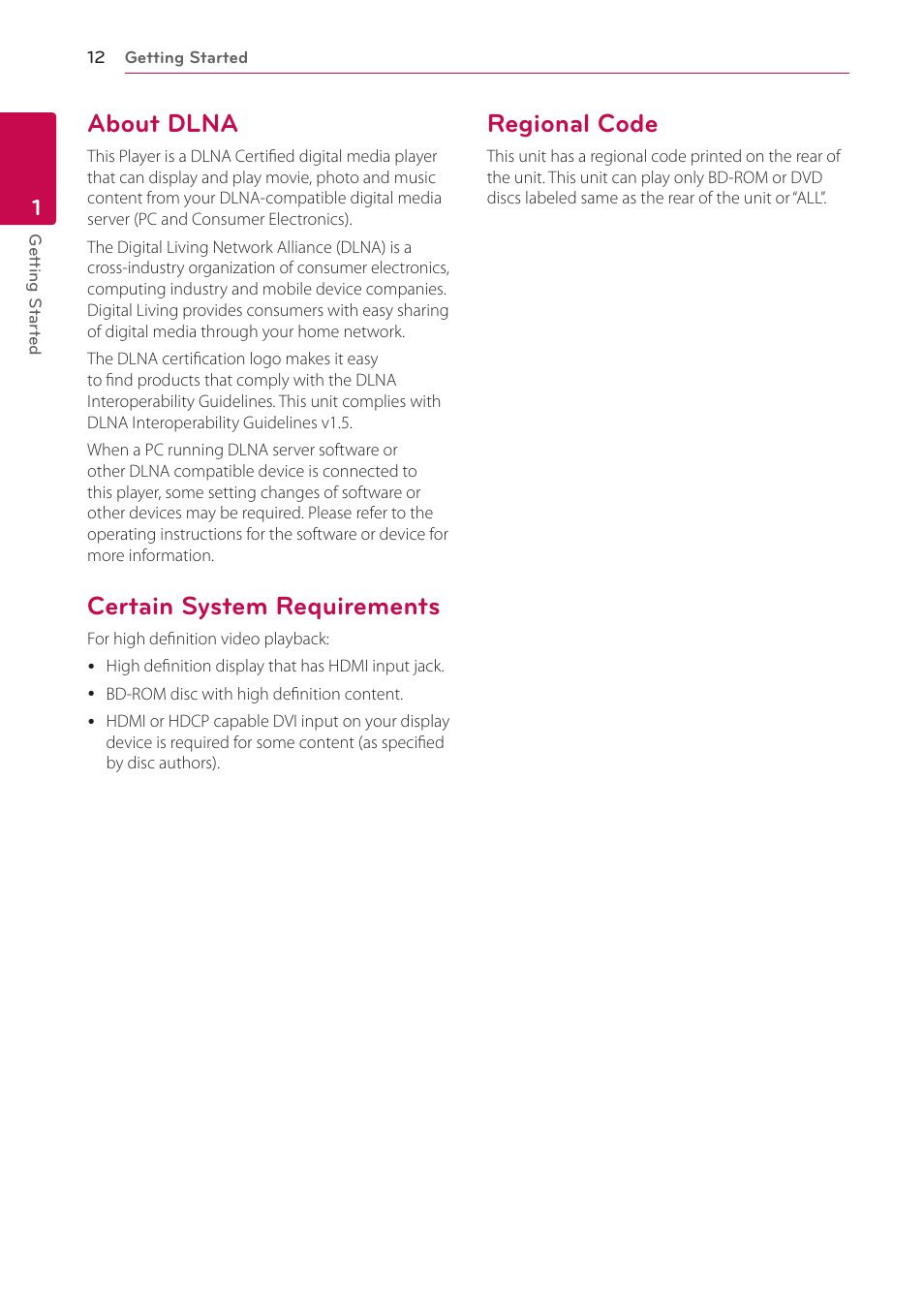 Avchd (advanced video codec high definition), About dlna, Certain system requirements | 12 – avchd (advanced video codec high, Definition), 12 – about dlna 12 – certain system requirements, Regional code | LG BH6720S User Manual | Page 12 / 75