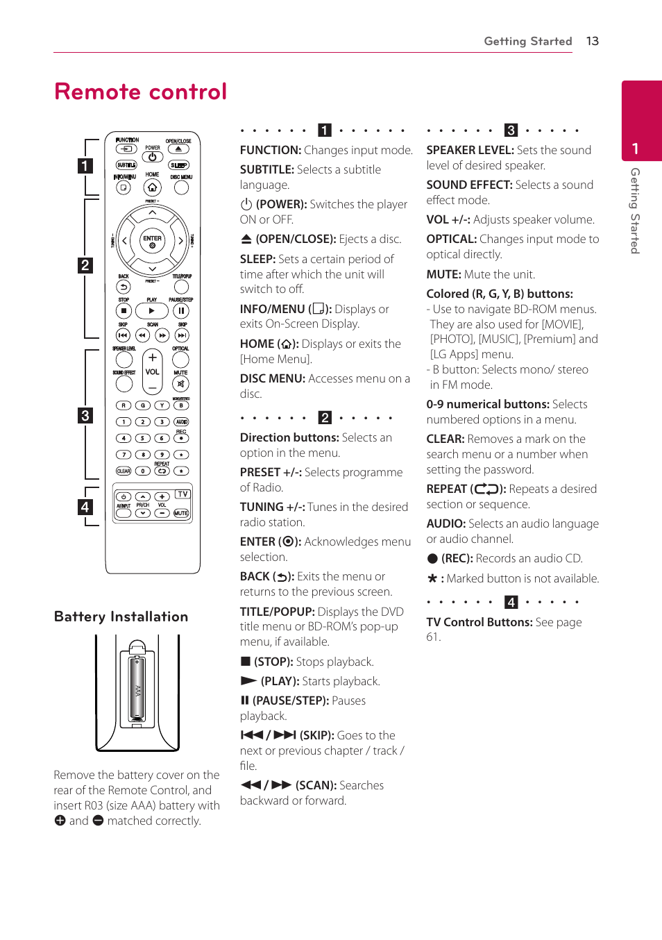 Regional code, Remote control, 13 – regional code 13 | Battery installation | LG BH6720S User Manual | Page 13 / 75