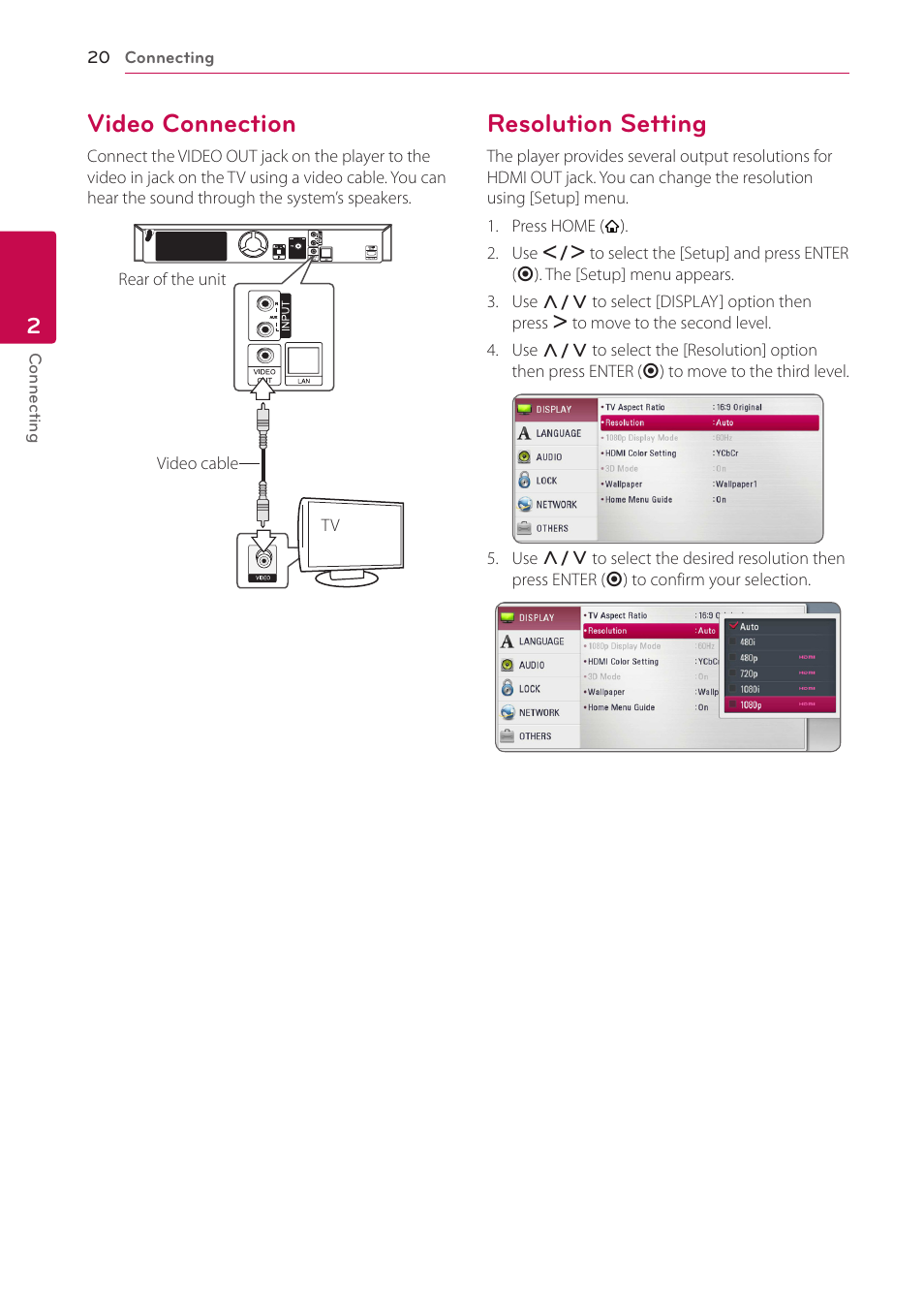 Video connection, Resolution setting, 20 – video connection 20 – resolution setting | LG BH6720S User Manual | Page 20 / 75