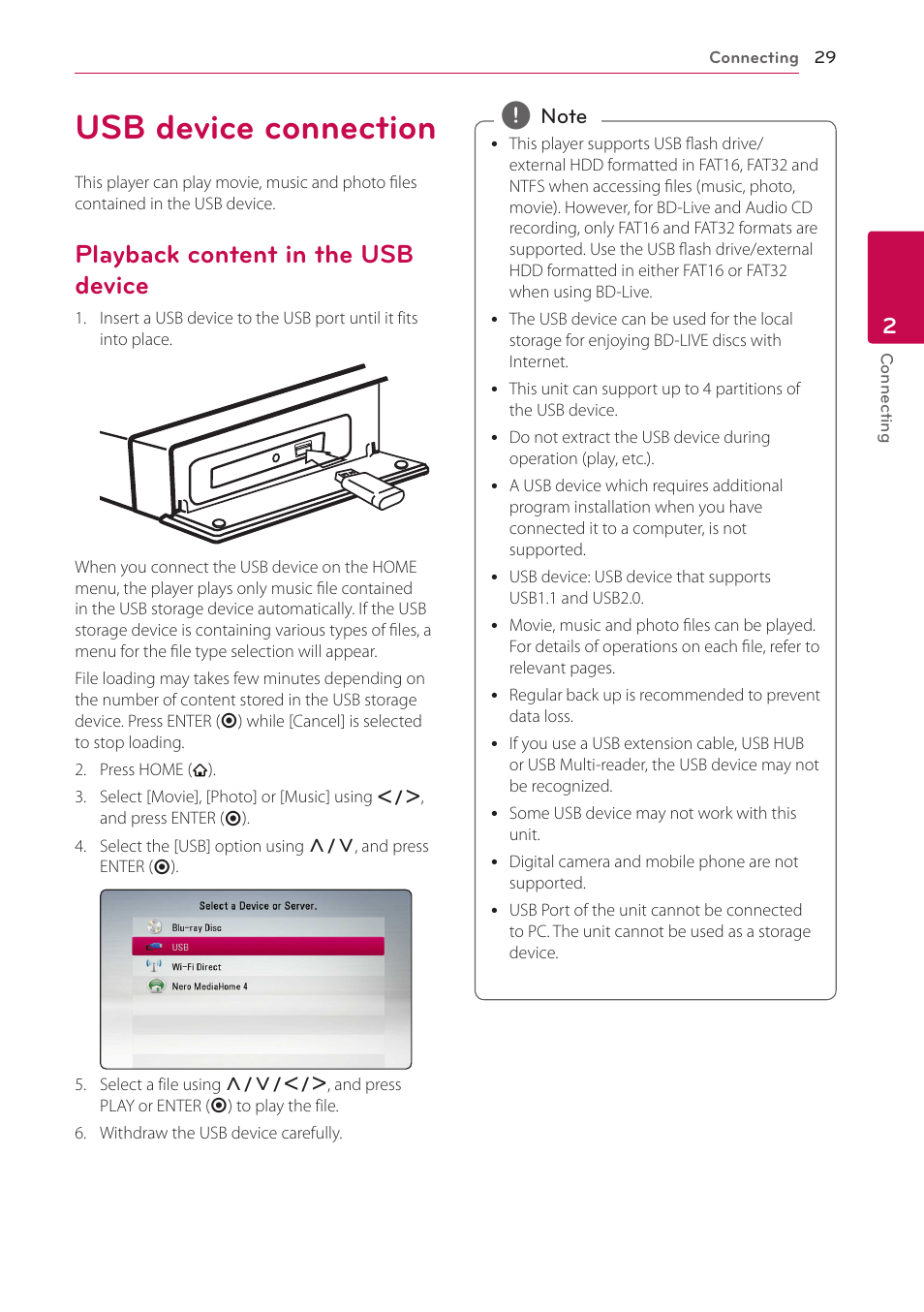 Usb device connection, Playback content in the usb device | LG BH6720S User Manual | Page 29 / 75