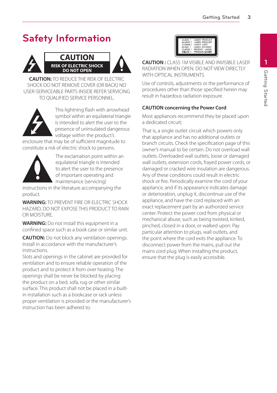 1 getting started, Safety information, Caution | LG BH6720S User Manual | Page 3 / 75