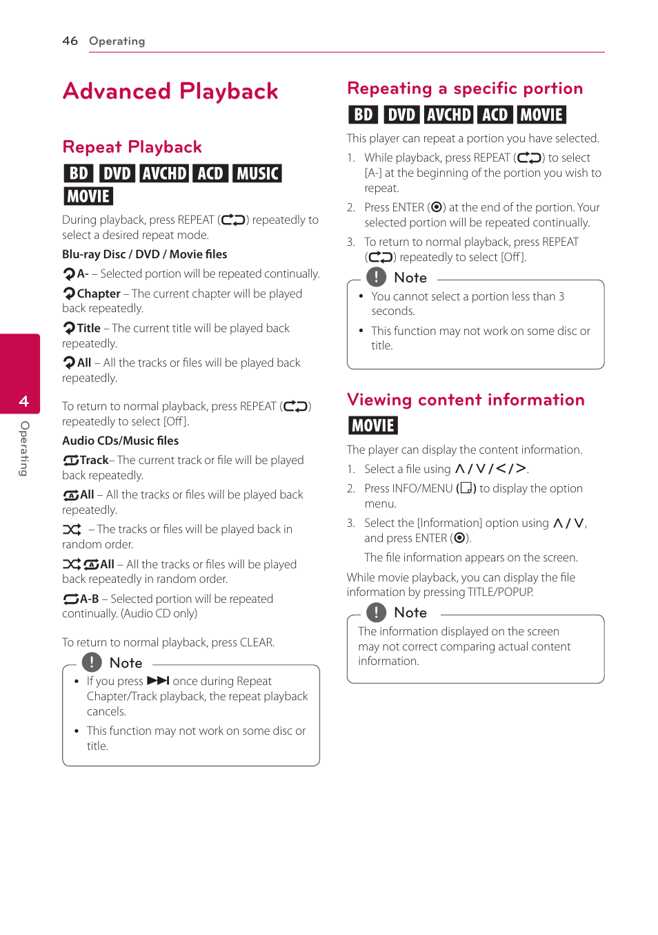 Advanced playback, Repeat playback, Repeating a specific portion | Viewing content information, Repeat playback erotu y, Repeating a specific portion eroty, Viewing content information y | LG BH6720S User Manual | Page 46 / 75